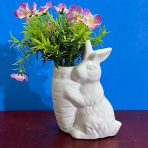 White Ceramic Bunny Vase with fake flowers